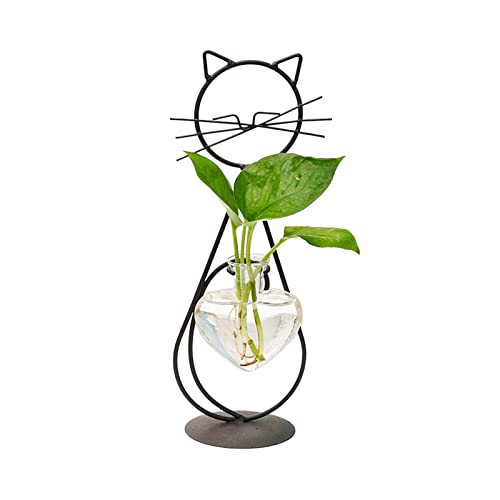 Modernes Pflanzenterrarium, Katzenform Metallständer mit Herz Glasvase, Hydrokulturvase, Pflanzen Anzuchtstation, für Home Office Dekoration (Schwarz, Stehende Katze) von Pcscevcr