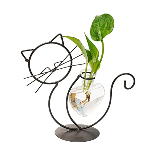 Modernes Pflanzenterrarium, Katzenform Metallständer mit Herz Glasvase, Hydrokulturvase, Pflanzen Anzuchtstation, für Home Office Dekoration (Schwarz, sitzende Katze) von Pcscevcr
