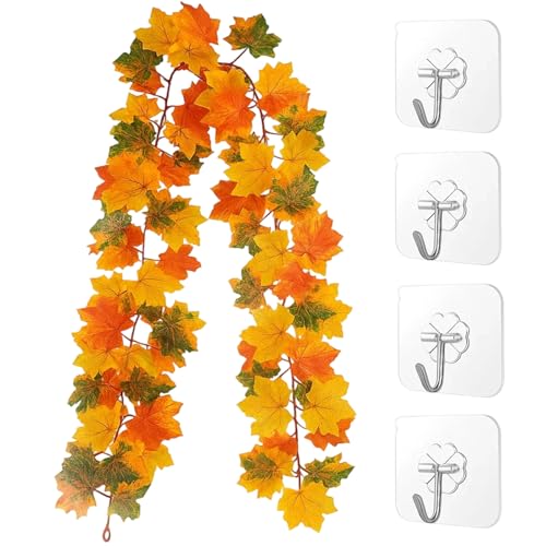 Herbst Deko, 2 Stück Künstliche Herbstgirlande Mit Ahornblättern, 175cm/Stück Lange Herbstdekoration Für Tür, Wand Und Kamin, Ideal Für Halloween Und Erntedankfest (4) von PcvGef