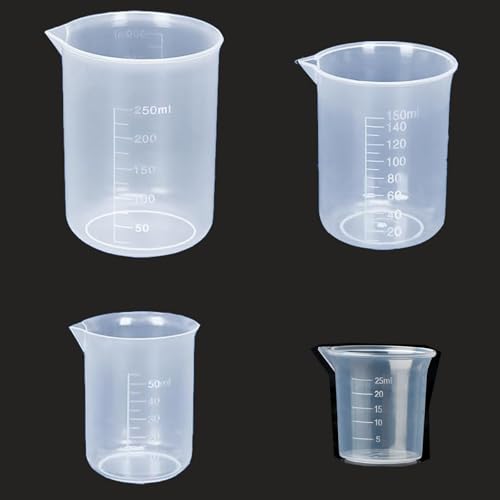 Messbecher Klein, 4 Stück Messbecher Set mit Ausguss, 25ml 50ml 150ml 250ml, kleiner Messbecher für Küche und Backen, praktische Messbecher aus PP, Halbtransparent von PcvGef