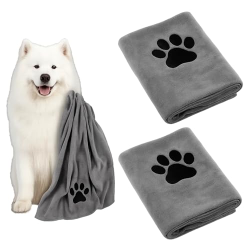 PcvGef 2 Stück Hundehandtuch, 35 X 75 cm Hunde Handtuch für Katzen,Hundehandtuch Extra Saugfähig, Grau, Schnelltrocknend Haustier Mikrofaser Handtücher, Hunde Oder Andere Kleine Haustiere von PcvGef