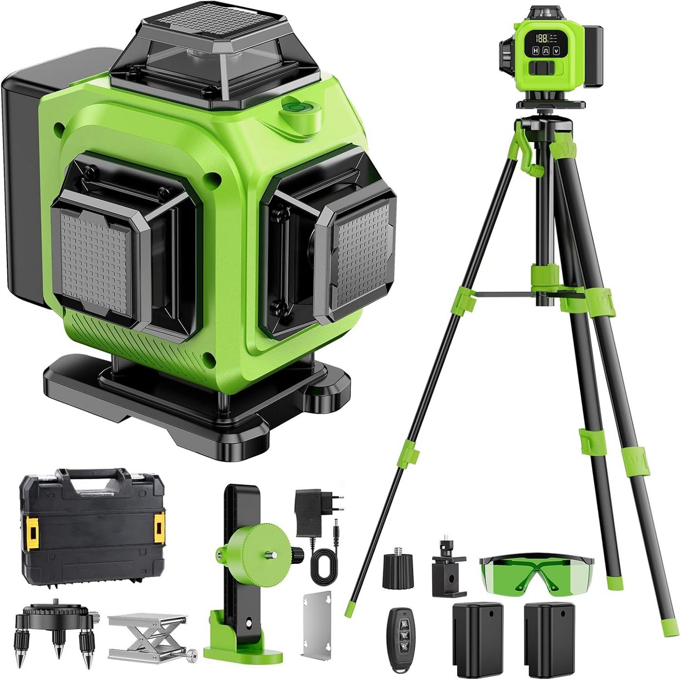 Pdgrid Kreuzlinienlaser 16 grüne Laserlinien, mit Stativ, 4×360°-Selbstnivellierlaser, 2 x Batterie, IP54 von Pdgrid