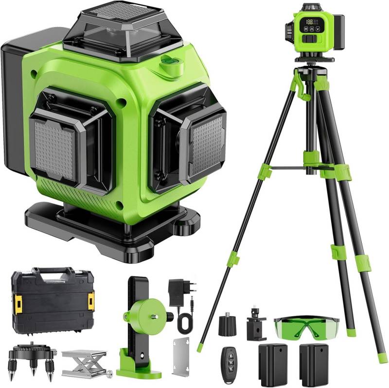 Pdgrid Kreuzlinienlaser 16 grüne Laserlinien, mit Stativ, 4×360°-Selbstnivellierlaser, 2 x Batterie, IP54 von Pdgrid