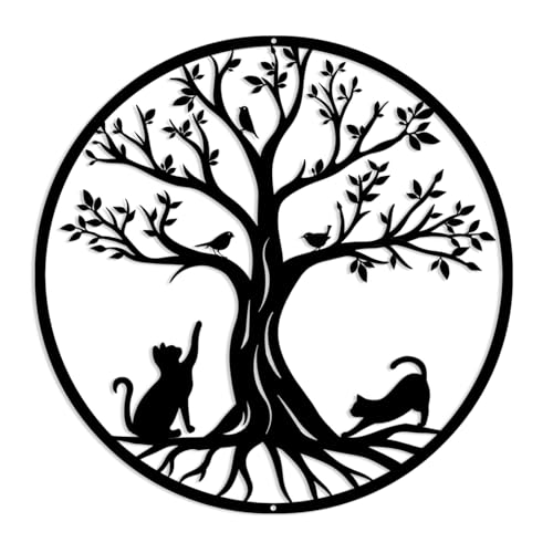Pduoduo 50cm Baum des Lebens Wandkunst,Baum Leben Metallwandschild,Eisen Bäume,Vögel und Katzen,Dekoration für drinnen und draußen, Garten von Pduoduo