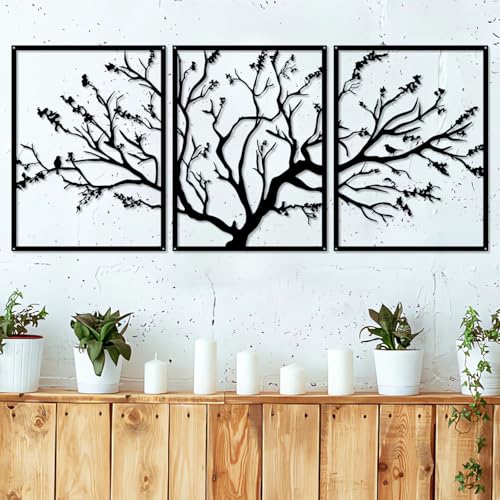 Pduoduo Großer Baum des Lebens Metall Wanddekor 3 Panels Baum Zweig Metall Ornament hängende Zeichen Moderne Metallzweig Wanddekoration für Haus Wanddekor (15,7inx35,4in) von Pduoduo