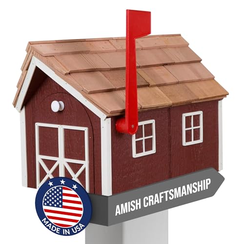 Peaceful Classics Amish Briefkasten aus Zedernholz, mit Fenster- und Türverkleidung, handgefertigte Briefkästen für draußen, Postmontage, Wohnbriefkästen – (Rot mit weißem Rand) von Peaceful Classics