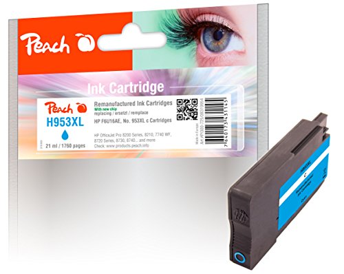 Peach H953/957 Druckerpatrone XL cyan ersetzt HP No. 953XL c, F6U16AE - kompatibel zur neuesten Drucker Firmware - für z.B. HP OfficeJet Pro 7740 WF, HP OfficeJet Pro 8715, HP OfficeJet Pro 8710 von Peach