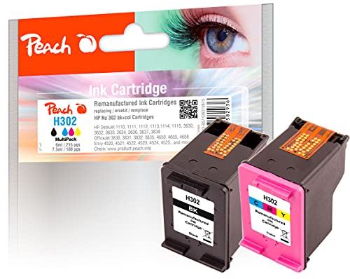 Peach H302 Spar Pack Druckköpfe (BK, C) ersetzt HP No. 302, F6U66AE, F6U65AE für z.B. HP OfficeJet 3830, HP OfficeJet 3831, HP OfficeJet 3833, HP DeskJet 3630, HP Envy 4527 e-All-in-One von Peach