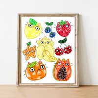 Fruit Cat Print - Kitchen Katze Kunstdruck Katzen Illustration Paopu Banana Print Papaya Kawaii von PeachyCatStudio