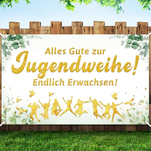 180x110cm Jugendweihe Banner Deko, Hängedeko Jugendweihe Mädchen Junge, Eukalyptusblatt Banner mit Schnur - Alles Gute zur Jugendweihe Endlich Erwachsen (Grün) 180x110cm Jugendweihe Banner Deko, Hängedeko Jugendweihe Mädchen Junge, Eukalyptusblatt Banner mit Schnur - Alles Gute zur Jugendweihe Endlich Erwachsen (Grün) von PeakPeek