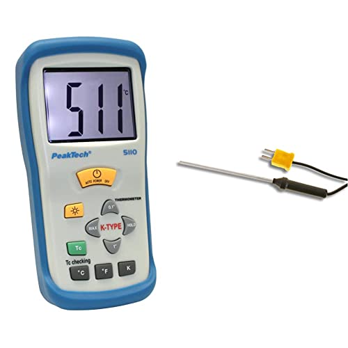 PeakTech 1-Kanal Digital-Thermometer -50°C 2000 Counts, 1 Stück, P 5110 & Typ K Stabtemperaturfühler -50 °C bis 300 °C / Langer Temperaturfühler in 75 mm Stab-Bauform mit Kabellänge, 1 Stück, TF-55 von PeakTech