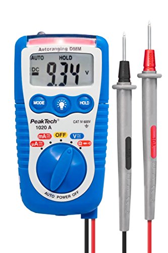 PeakTech 1020 A – Spannungsmesser inkl. LED-Lampe, Handmultimeter, Data-Hold, Digitales Multimeter Messgerät, Voltmeter, Widerstand, Elektronisches Strommessgerät, Durchgangsprüfer, AC/DC - Max. 600 V von PeakTech