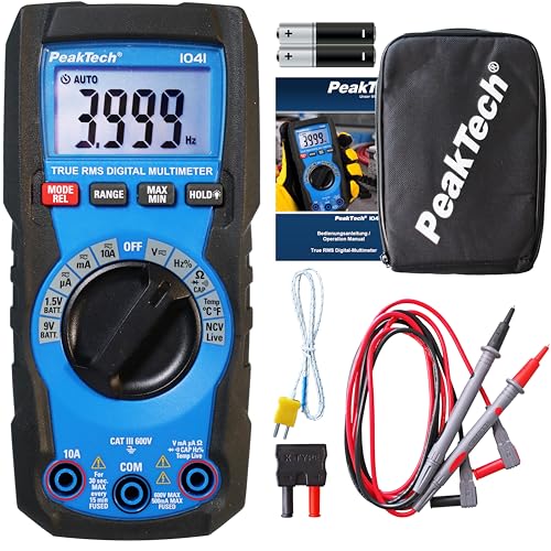 PeakTech 1041 – True RMS Digital Multimeter, Auto-Range, 4.000 Counts, Durchgangsprüfer, Mehrfach-Messgerät, Voltmeter; 600V - 10A AC/DC - CAT III, Black von PeakTech