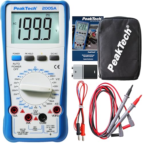 PeakTech 2005 A – Digital Multimeter mit 2.000 Counts, Digitales Messgerät für Spannungs - & Strommessung, Widerstandsmessung, Kapazitäts- & Induktivitätsmessungen, Durchgangsprüfer - CAT III von PeakTech