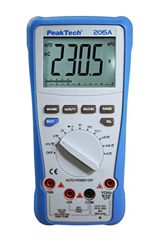 PeakTech 2015 A – True RMS Digital Multimeter, Auto-Range, 4.000 Counts, Durchgangsprüfer, Messgerät für Widerstand, Kapazität, Diode , Temperatur & Frequenz, 1000V - 10A AC/DC - CAT III, Blau von PeakTech
