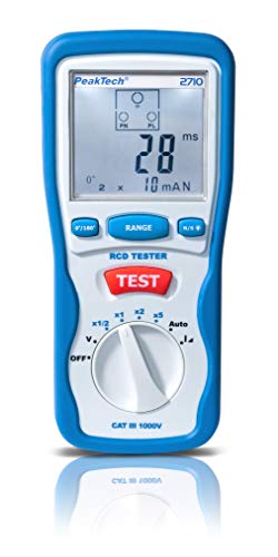 PeakTech 2710 – Digitaler FI Tester für Auslösecharakteristik mit großer LCD Anzeige, Fehlerstrom Schutzschalter, RCD Messer, Doppelt isoliertes Gehäuse, Betriebsspannung 230V/ 50Hz - CAT III 600 V von PeakTech