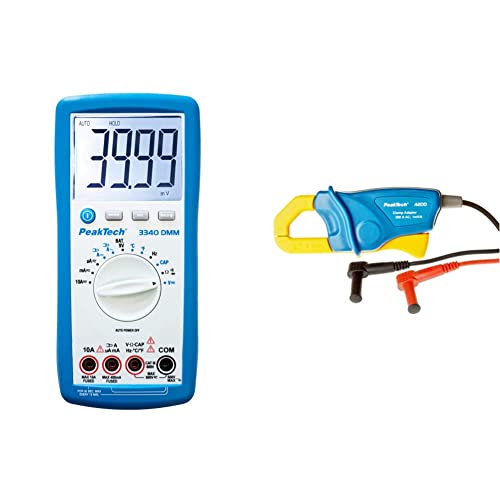 PeakTech 3340 Digital Multimeter 4000 Counts mit großer LCD Anzeige, CAT III 600V / 10A AC/DC, Auto-Range, P 3340, Blau & Stromzangenadapter 200 A AC für Digitalmultimeter, 1 Stück, P 4200, Blau von PeakTech