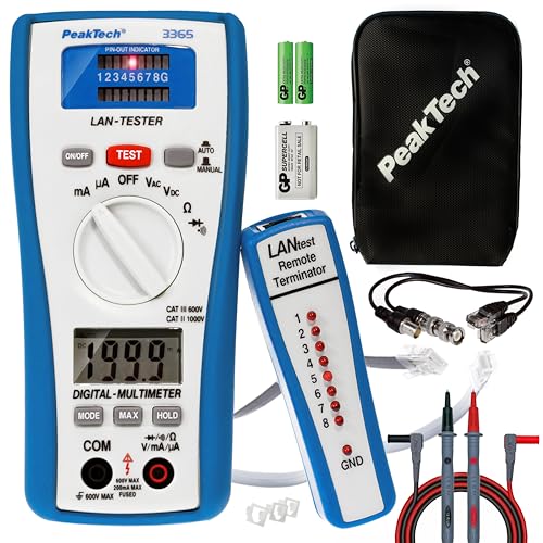 PeakTech 3365 – LAN Tester & Digital Multimeter, Netzwerkprüfgerät, Spannungsprüfer, Handmultimeter, Kabeltester, Messung, Spannungsmesser, Durchgangsprüfer, Messgerät, Erdungskabel - 600 V P 3365 von PeakTech