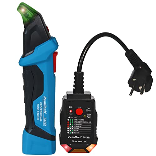 PeakTech 3432 Sicherungsfinder / Stromkreisfinder mit Steckdosentester für 230V Schuko, kontaktlose Suche, NCV Spannungsprüfer, Messgerät für die Elektroinstallation, 1 Stück, P 3432, Blau von PeakTech