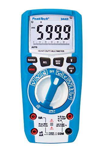 PeakTech 3443 – Digital Multimeter mit LED-Lampe, Wasserdicht (IP67), 6000 Counts, Extrem Robustes Gehäuse, Handmultimeter, Spannungsmesser, Durchgangsprüfer, Messung, Messgerät - CAT III 1000 V, blau von PeakTech