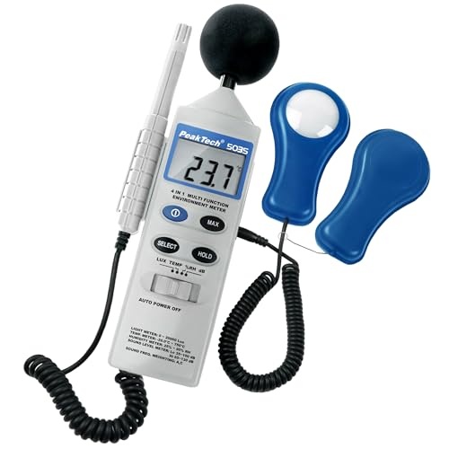 Peak Tech P 5035 – 4 in 1 Multifunktions Umweltmessgerät zur Messung von Schall, Temperatur, Luftfeuchtigkeit und Lux, Messer, Db Messung, LCD Anzeige, Typ K Sensor, batteriebetrieben - 250G von PeakTech