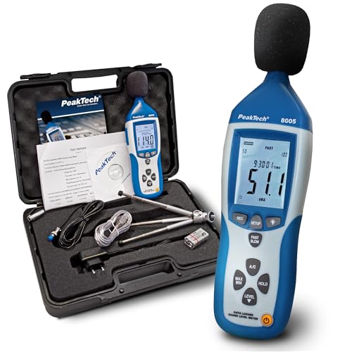 PeakTech P 8005 – Hochpräzises Schallpegelmessgerät Klasse 2 30-130 dB – Kalibriertes Dezibel Messgerät mit Aufzeichnung (32.000 Messwerte) – Lautstärke Messgerät mit USB Anschluss und AC/DC-Ausgängen von PeakTech