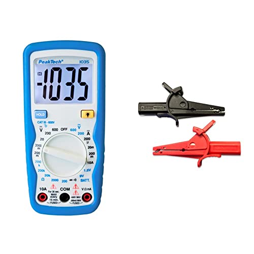 PeakTech Kompaktes Digital-Multimeter P1035 zur Messung von Spannung, Gleichstrom und Widerstand, Blau, Weiß & Isolierte 4 mm Krokodilklemmen -CAT III, 1 Stück, P 7015 von PeakTech