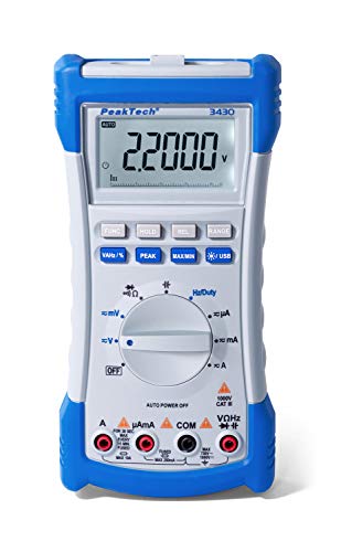 PeakTech P 3430 Digitalmultimeter, Effektivwertmessung für ACV und ACA, CAT III mit 1.000 V/CAT IV mit 600V, 20.000 Messwerte, Blau von PeakTech