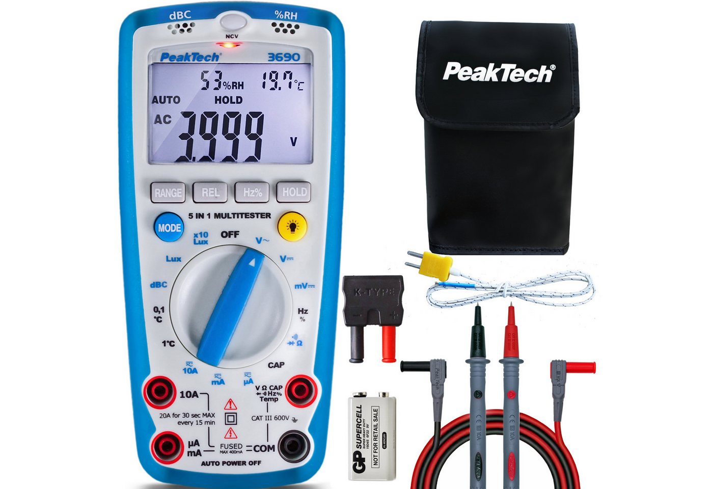 PeakTech Multimeter PeakTech 3690: Digitalmultimeter mit Schall., Temp., R.H. & Lux-Meter von PeakTech