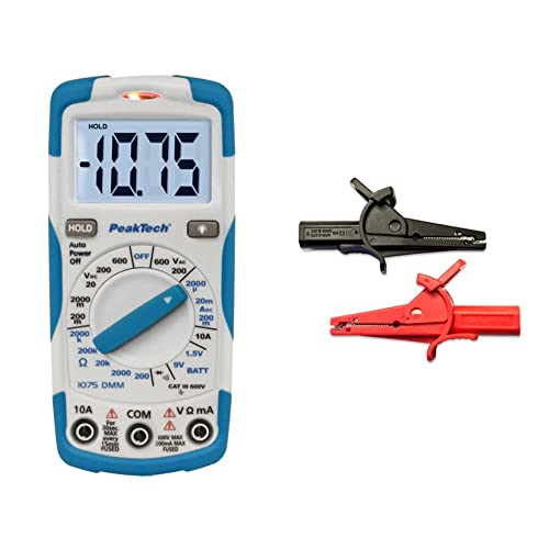 PeakTech P 1075 1075 – Digitales Multimeter NCV Cat III mit Beleuchtetem LCD-Display, Batterietester, Max. 600 V & Isolierte 4 mm Krokodilklemmen -CAT III, 1 Stück, P 7015 von PeakTech