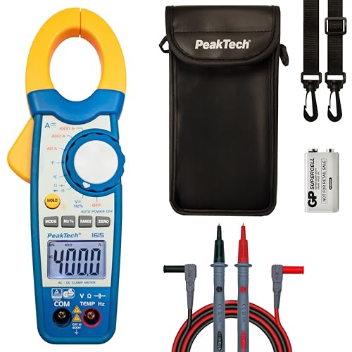 PeakTech 1615 – Zangenmessgerät 1000A AC/DC, Stromzange Multimeter, TÜV/GS, CAT III, Strommesszange, 4000 Counts, Berührungsloser Spannungsmesser, Strommessgerät, Durchgangsprüfer - Max. 600 V von PeakTech