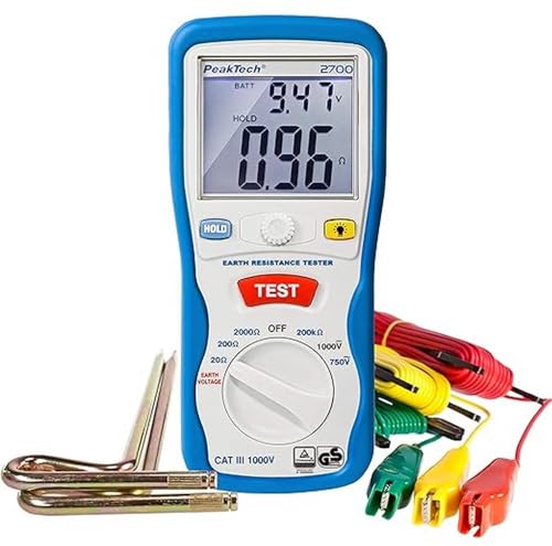 PeakTech P 2700 Digitales Erdungsmessgerät - Bodentester mit beleuchtetem Dual LCD-Display & 2 Erdungsstäben - professionelles Messgerät für AC/DC - TÜV/GS geprüft - CAT III 1000 V von PeakTech