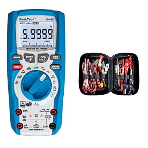 PeakTech P 3442 True RMS Digital Multimeter für Elektriker mit 60000 Counts & 4.0 Bluetooth, CAT III 1000V & P 8200 – Messzubehör Set für Digital Multimeter, Prüfkabel Set - 14-teilig inkl. Tasche von PeakTech