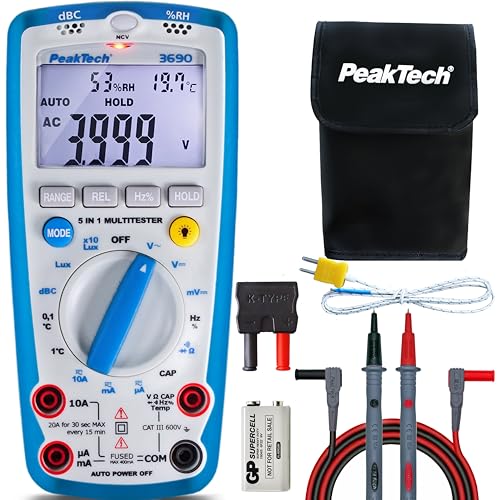 PeakTech P 3690 – Digitales 5-in-1 Messgerät – Multimeter, Schallpegelmessgerät, Luftfeuchtigkeitsmessgerät, Thermometer, Durchgangsprüfer in einem – Strommessgerät mit 4000 Counts 600V von PeakTech