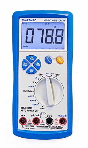 PeakTech True RMS Digital Multimeter 6000 Counts mit USB, Durchgangsprüfer und Autorange - CAT III 600V, 1 Stück, P 4390, Blau Weiss von PeakTech