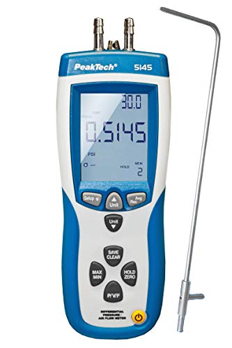 PeakTech P 5145 2 in 1 Differenz-Druckmessgerät und Luftgeschwindigkeitsmesser mit Pitot Rohr, Differenzdruck Manometer mit USB, Luftmasse und Lufttemperatur von PeakTech