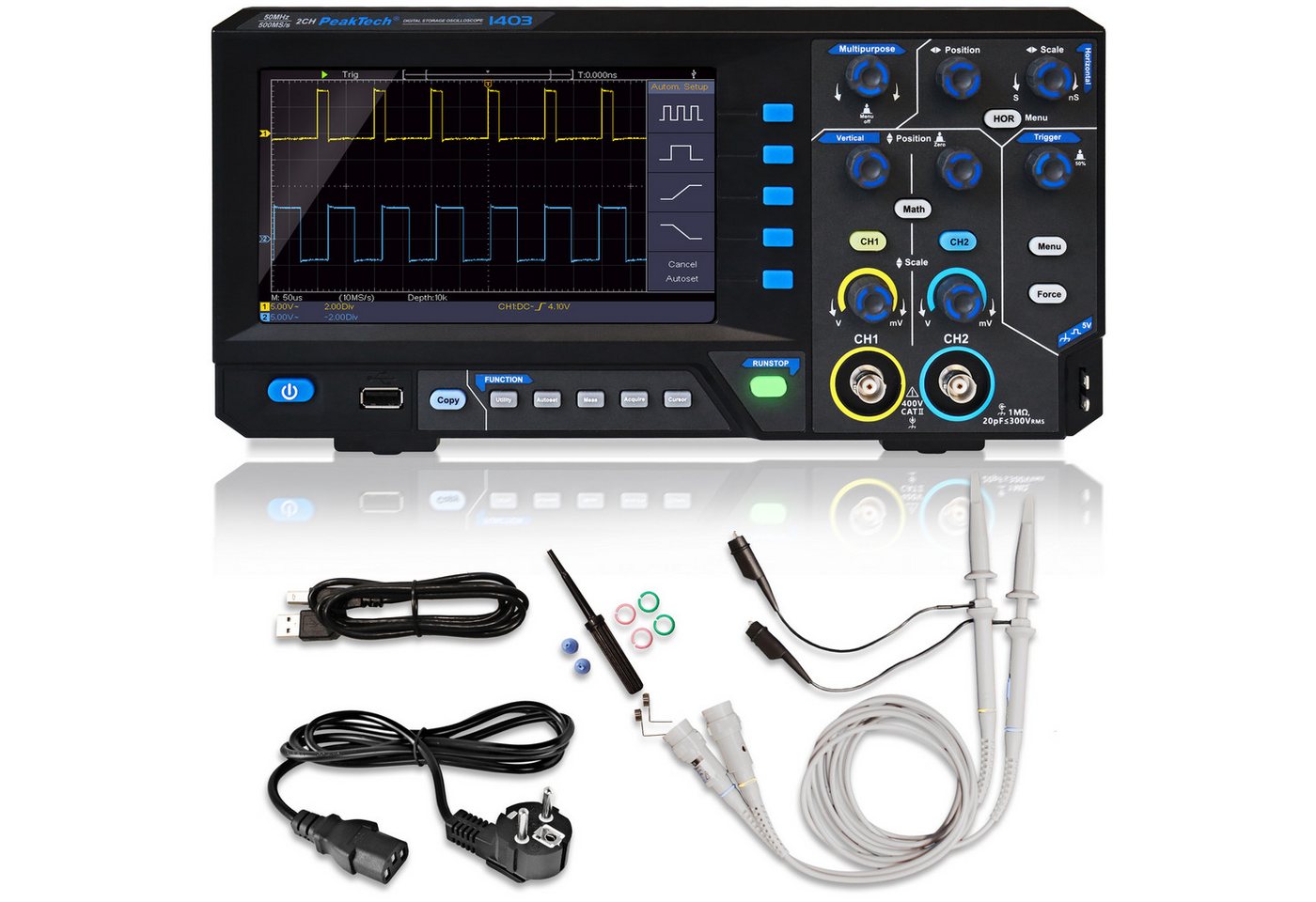 PeakTech Spannungsprüfer P 1403 ~ 50 MHz / 2 CH ~ 500 MS/s ~ Digital Speicheroszilloskop von PeakTech