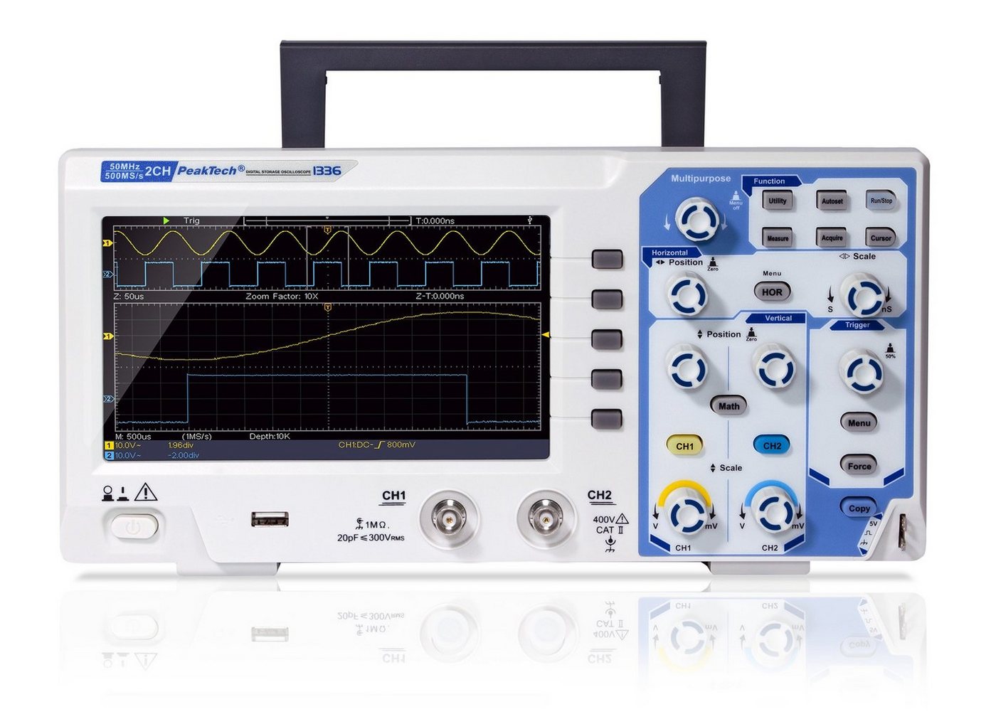 PeakTech Spannungsprüfer PeakTech 1336: 50 MHz / 2 CH ~ 500 MS/s ~ Digital Speicheroszilloskop, (1 St) von PeakTech