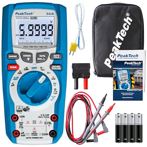 PeakTech 3441 – True RMS Multimeter Digital für Elektriker mit 60000 Counts, Profi-Handmultimeter für elektrische Leitungen, TÜV/GS, Durchgangsprüfer, Voltmeter, Strommessgerät - CAT III 1000 V - Blau von PeakTech