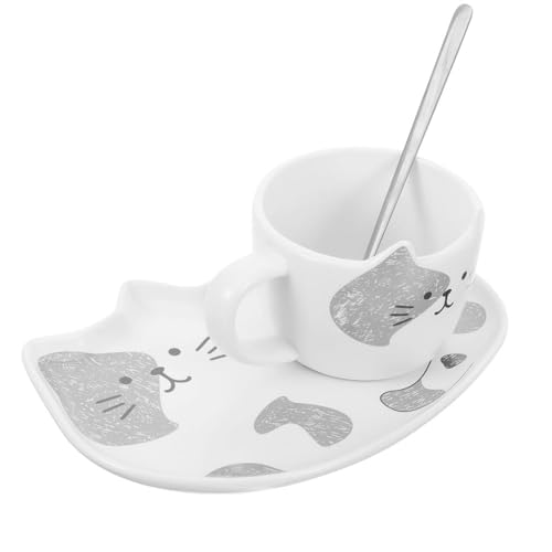 Peakpet Keramik Katzentasse mit Untertasse und Löffel 200ml Katzenbecher Espressotasse Teetasse für Katzenliebhaber Frauen Mädchen Weihnachten Geburtstag (Grau Gesicht) von Peakpet