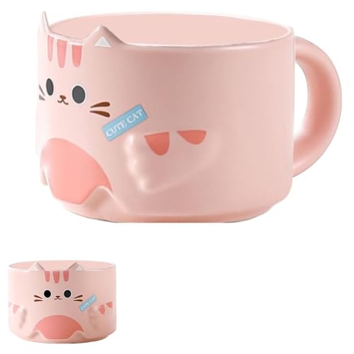 Peakpet Süße Katze Kaffeetassen Cartoon Katze Design 300ml Kaffebecher Teetasse Stapelbar Keramiktasse Katzenbecher Geschenke für Katzenliebhaber Frauen Freundin Kollegin (Rosa) von Peakpet