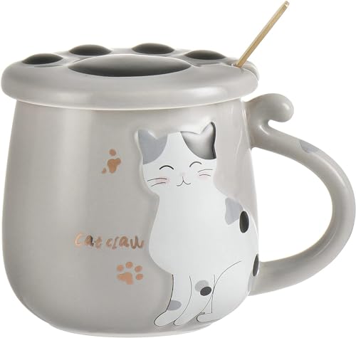 Peakpet Süße Katze Keramik Tasse Kaffeetasse Kaffeebecher mit Katzenpfote Deckel und Löffel 400ml Keramiktasse Weihnachten Geburtstag Geschenk 3D Katzentasse (Grau) von Peakpet