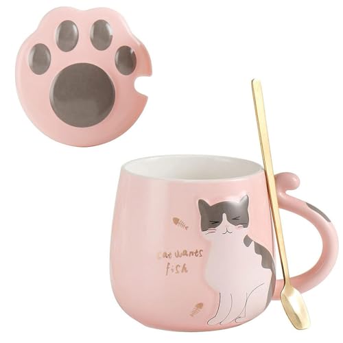 Peakpet Süße Katze Keramik Tasse Kaffeetasse Kaffeebecher mit Katzenpfote Deckel und Löffel 400ml Keramiktasse Weihnachten Geburtstag Geschenk 3D Katzentasse (Rosa) von Peakpet