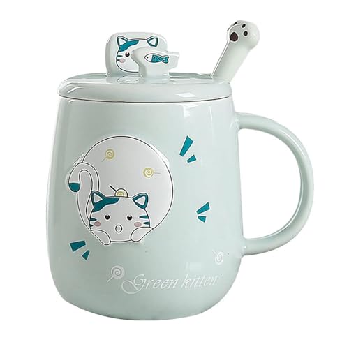 Peakpet Süße Katzenmotiv Kaffeetasse 480ml Keramiktasse Kakaobecher mit Deckel und Katzenpfote Löffel Milchbecher Porzellan Katze Tasse Cappuccino Tasse Teetasse Keramikbecher (Grün) von Peakpet