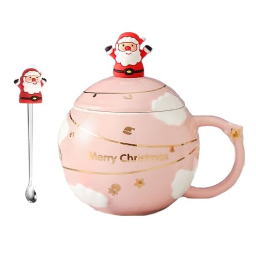 Peakpet Weihnachtsbecher Süße Kaffeetasse aus Keramik 400ml Neuheit Weihnachtstasse Lustiges Geschenktasse Frühstückbecher mit Deckel und Löffel für Kaffee Tee Milch Kakao (Rosa) von Peakpet