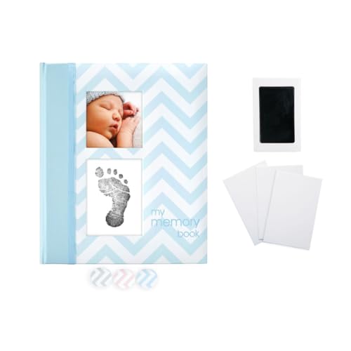 Pearhead First 5 Years Chevron Baby Memory Book with Included Clean-Touch Baby Safe Ink Pad to Create Baby's Handprint or Footprint, Keepsake Milestone Journal, French Language, Blue von Pearhead