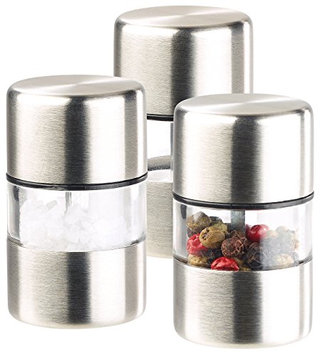 PEARL Mini Mühle: Mini-Salz-/Pfeffermühle, Edelstahl, Keramikmahlwerk, 3er-Set (Salzmühle, Salzstreuer, Kleine Handtasche) von PEARL