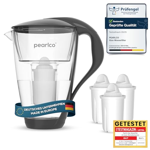 PearlCo Glas-Wasserfilter (anthrazit) Glaskanne mit 3 Classic Filterkartuschen – Reduzierung von Kalk & Schwermetall – Schützt Geräte – Besserer Geschmack von Kaffee & Tee – Made in EU von PearlCo