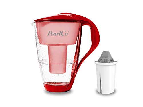 GLAS-Wasserfilter PearlCo (rot) mit 1 Protect+ classic Filterkartusche (f. hartes Wasser) - Made in EU von PearlCo