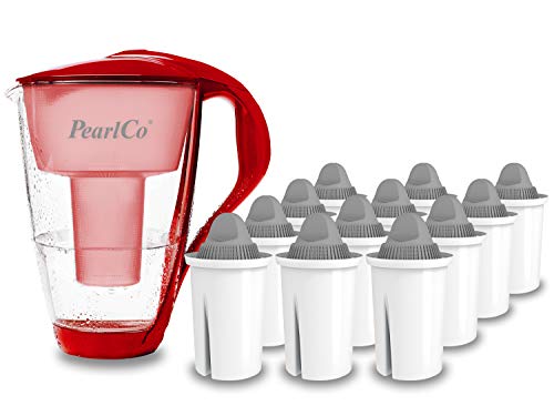 GLAS-Wasserfilter PearlCo (rot) mit 12 Protect+ classic Filterkartuschen (f. hartes Wasser) - Made in EU von PearlCo